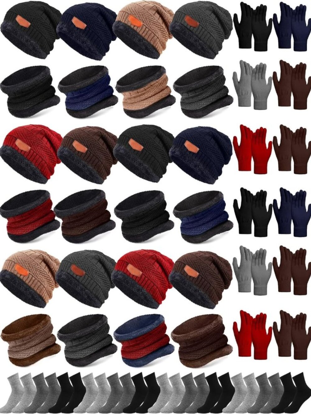 48-Piece Winter Accessories Set: Fleece Beanies, Gloves, Scarves & Neck Gaiters